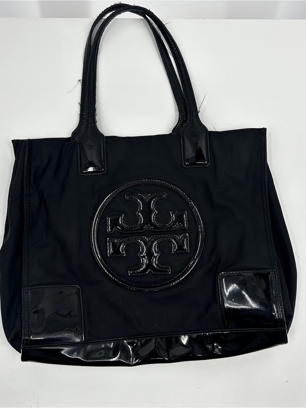 Tory Burch Ella Black Nylon Patent Leather Trim Tote Bag Logo Shoulder Bag